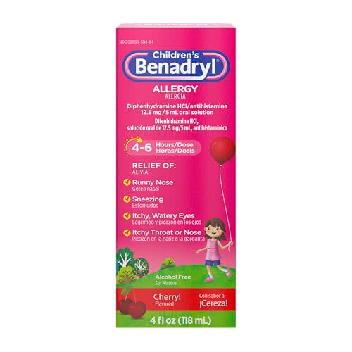 Benadryl Children's Allergy Relief Liquid Medicine with Diphenhydramine HCl, Kids' Allergy Syrup for Allergy Symptoms Like Runny Nose, Itchy Eyes & More, Cherry Flavor, 4 fl. oz