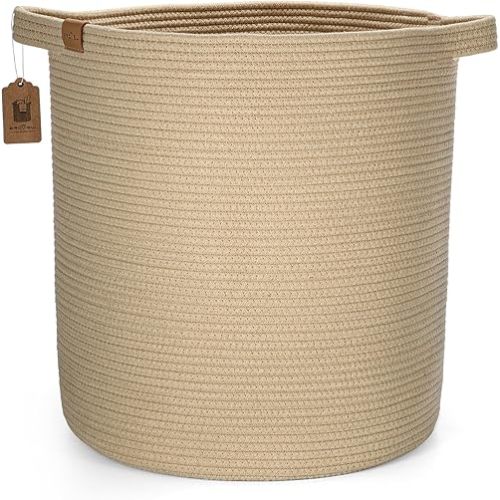 Woven Storage Basket, 56L Tall Laundry Baskets Hamper, 16x18 in Cotton Rope Basket for Toy, Pillows, Clothes, Blanket Basket with Handles for Living Room Bedroom Nursery Straw