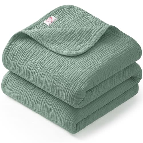 Bearmoss Muslin Baby Blanket, 100% Cotton Crib Blanket for Toddlers, Soft Breathable Reversible Nursery Blankets for Baby Boys Girls (47x47in, Green)