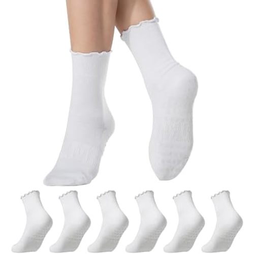 COOLMATE 3 Pairs Ruffle Pilates Socks with Grips for Women, Cute Non - Slip Crew Socks for Yoga, Barre, Lagree