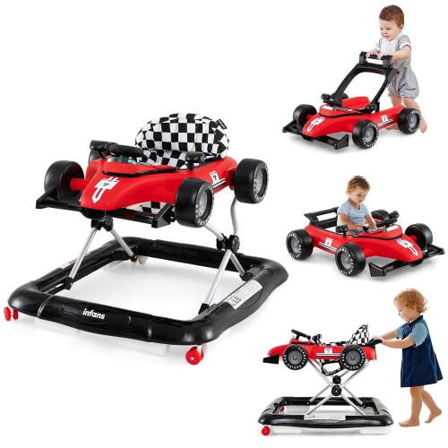 OLAKIDS 4 in 1 Baby Walker, Foldable Toddler Activity Center with Adjustable Height, Padded Seat, Music, Light, Removable Toy Tray, Push Walker for Girls Boys Aged 6-18 Months