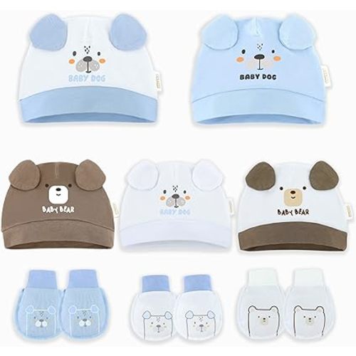 DOKMA Organic Cotton Baby Mittens and Caps Set with Adorable Bear Design for Newborn 0-6 Months, No Scratch, Ultra Soft - 5 Caps x 3 Mittens, Cute Blue