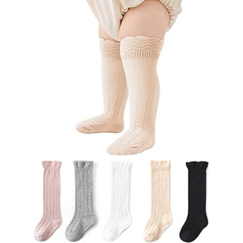 Zando Toddler Girls Knee High Socks 5-Pack, Soft Cotton Long Tube Ruffle Socks for Preemie Infant Newborn Toddler 0-3T