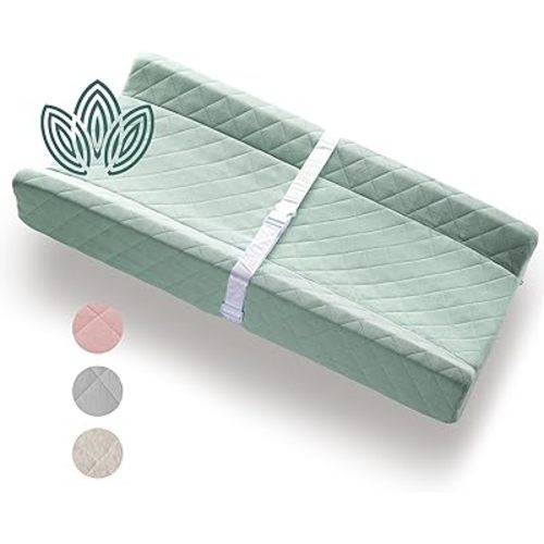 Organic Cotton Contoured Baby Changing Pad w/Waterproof Foam Mattress, Includes Soft, Removable & Washable Cover, Safety Strap, Non-Slip Bottom, Topper for Standard Size Infant Diaper Table & Dresser