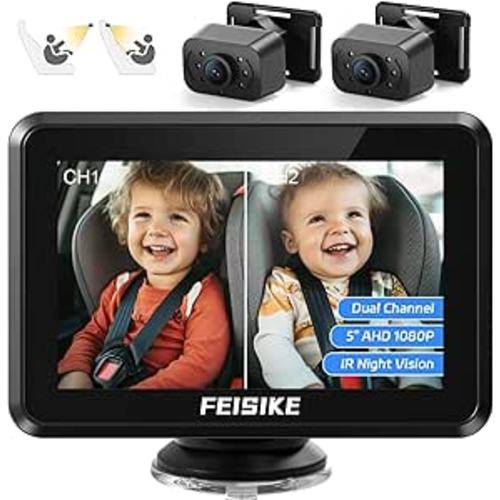 FEISIKE Baby Car Camera, 1080P Dual-Channel 5 inch Display Baby Car Mirror with 2 IR Night Vision Camera, Easily Install Car Camera for Baby with Crystal Clear Wide View for Rear Facing Seat - 2 Camera