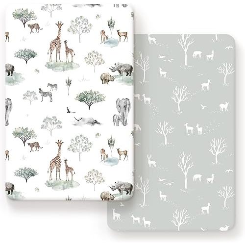 GRSSDER Ultra Soft Pack and Play Sheets, Stretchy Jersey Knit Pack n Play Sheets Fitted 2 Pack, Universal Fitted Portable/Mini Crib Mattresses Safe and Snug, Pretty African Savannah Animals