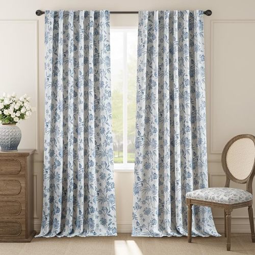 100% Blackout Floral Curtains for Bedroom, 52x96inches Set 2 Panels Blue