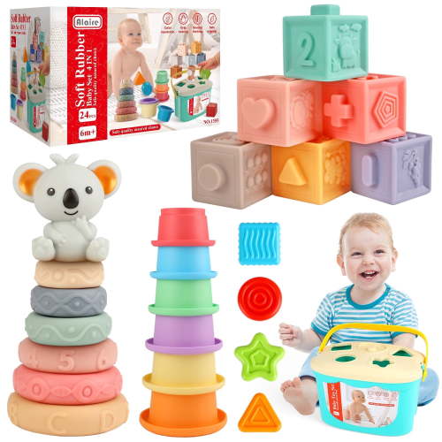 UQN Montessori Toys for 1 Year Old, 4 In 1 Baby Blocks Toys 6-12 Months, Soft Baby Teething Toys, Learning Gifts for Baby Girls Boys, Birthday Chrismas Gift