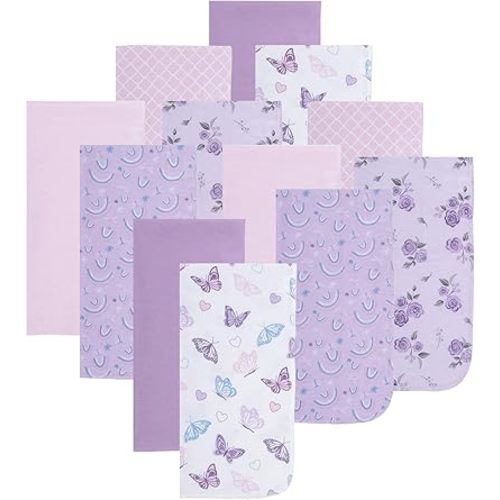 EVERYDAY KIDS 12 Pack Burp Cloths for Baby Girl; Newborn Essential with - Large Absorbent Cotton Flannel Purple/Pink Burping Cloths for Babies with Butterfly, Floral and Rainbow Prints and Solids