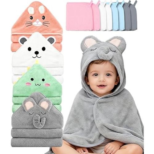 12 Pcs Baby Bath Towels Set for Boys Girls 4Pcs Hooded Baby Towels Robe & Washcloths Set Perfect Shower Gift Ultra Absorbent Cute Soft and Comfort, for Newborn, Infant and Toddler