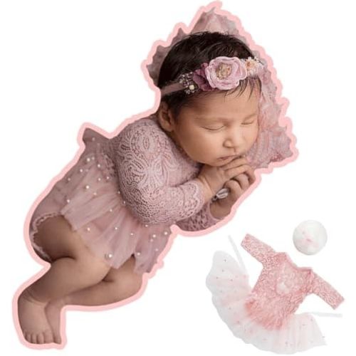 M&G House White/Pink Lace Newborn Photography Outfits Girl Newborn Photography Props Newborn Girl Pearl Lace Christmas Gift