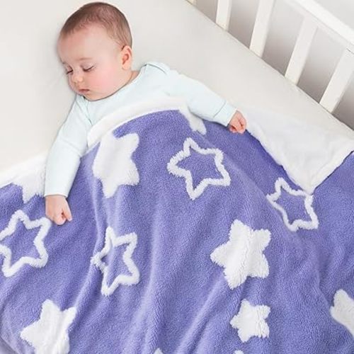 Baby Blanket for Toddlers, Reversible Star Jacquard Ultra Soft Shaggy Fleece Swaddle Receiving Cozy Double-Sided Nursery Bed Blanket for Unisex Baby Infants Stroller Crib Bedding, 33x43 Inches, Purple