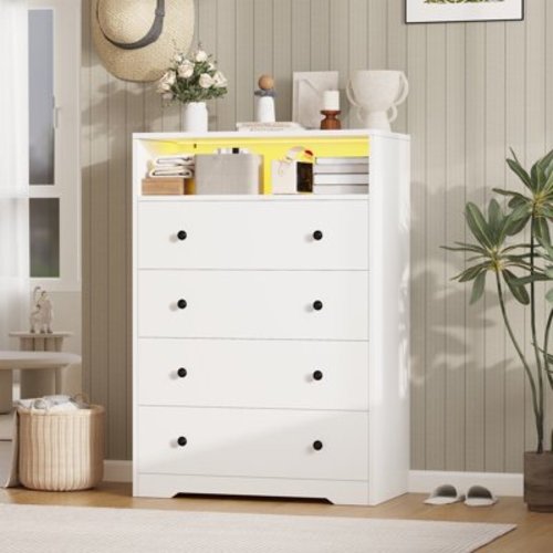 White Wood Dresser for Bedroom with LED Lights,Modern Chest of Drawers Storage Tall Dresser for Living Room