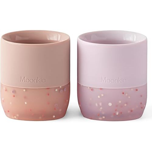Moonkie Silicone Baby Cups 4 Months+ | Open Training Drinkware for Infants with Confetti Sprinkles | Baby-Led Weaning Essential | 2 oz (Blush/Soft Lilac, 2 Pack)
