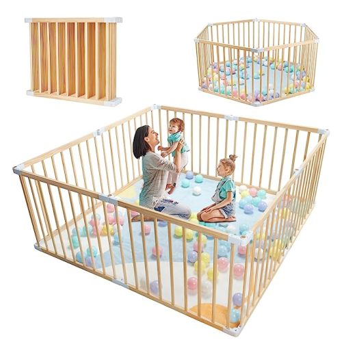 Foldable Baby Playpen for Toddlers, Expandable Wooden Play Fence, Large Wood Playpen Safety Playard for Indoor & Outdoor, Safe Play Area Kids Activity Center (26“ Tall, 8-Panel)