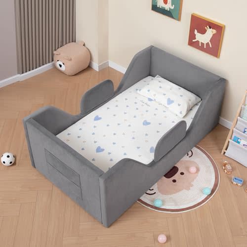 Zumspiel Toddler Floor Bed with Removable Safety Rails and Storage Bag, Kids Bed for Girl and Boys, Standard Crib Size, Safety Upholstered Child Beds, Low to Floor Design