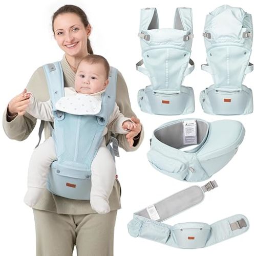 BabbleRoo 6-in-1 Baby Carrier with Hip Seat, Ergonomic, Cozy & Adjustable Toddler Carrier 7-50 lbs with Hip & Lumbar Support, Hood for Sun Protection, Baby Carrier Newborn to Toddler, Seafoam