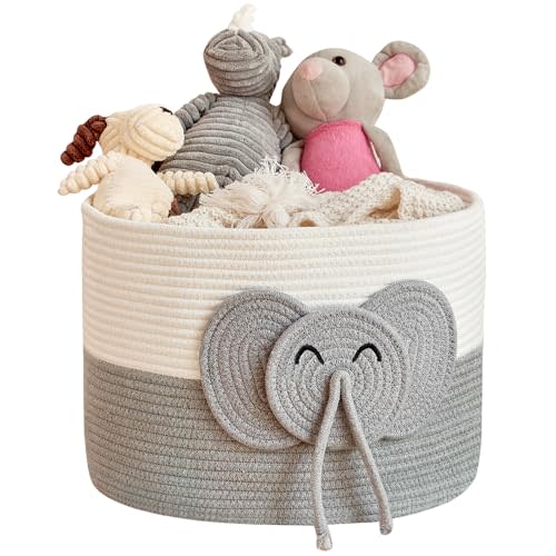 R RUNKA Large Elephant Cotton Rope Basket - Versatile Baby Hamper and Baby Toy Basket, Perfect Basket for Baby Shower Gifts, Stylish Laundry Basket, Round Basket for Children's Storage (15"x15"x11")