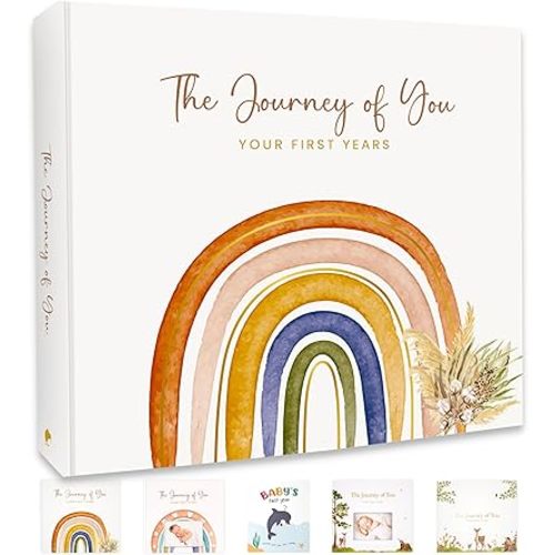 Baby Memory Book for Girl or Boy - First 5 Years Unisex Boho Rainbow Keepsake Journal to Record Newborn 1st Milestones - Gender Neutral Photo Album Scrapbook for Baby Shower - Pregnant New Mother Gift