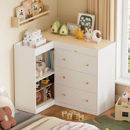 CASANOOKK Corner Baby Changing Table Dresser,Dresser for Nursery with 3 Drawers and 2 Shelves,Multi-Functional Baby Changing Table,Changing Station Organizer for Bedroom,White