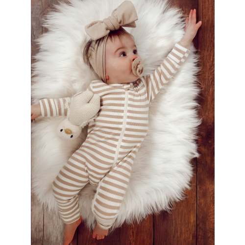 Tan Stripe / Organic Ribbed 2-Way Zip Romper | 3-6M