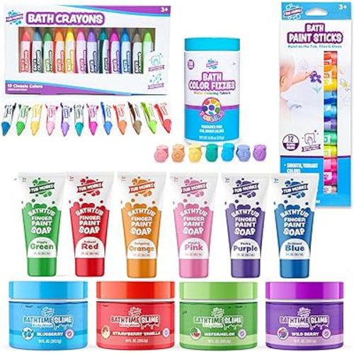 Tub Works® Kids Bath Toy Set | Nontoxic | Fizzy Bath Color Tablets (150 Count), Smooth™ Bath Crayons (12 Pack), Bath Paint Soap (6 Pack), Bath Paint Sticks™ (12 Pack) & Bath Slime Body Wash (4 Pack)
