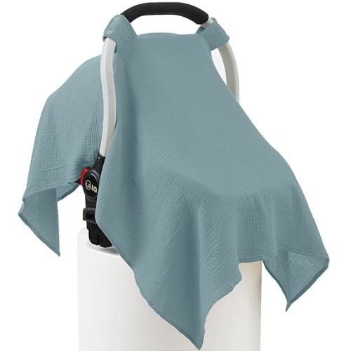 100% Muslin Cotton Car Seat Cover Baby, Carseat Canopy Cover, Universal Fit Stroller Covers for Boys and Girls (Blue)