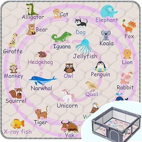 Baby Play Mat,Thick Soft 50" X 50" Playpen mat, Non-Slip and Machine Washable Baby Play Mats for Floor,Crawling Mat for Babies, Toddlers & Infants to Play and Learn (Pink Animal, 50" X 50")