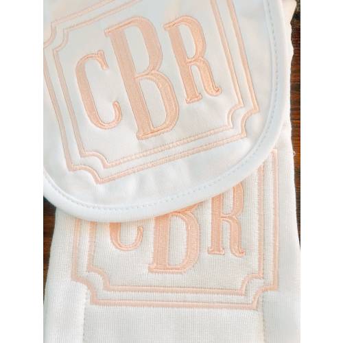 Unisex Square Monogram Burp Cloth, Embroidered Deco Square Monogrammed Bib, Embroidered Bib and Burp Set, Baby Shower Gift for Boy or Girl