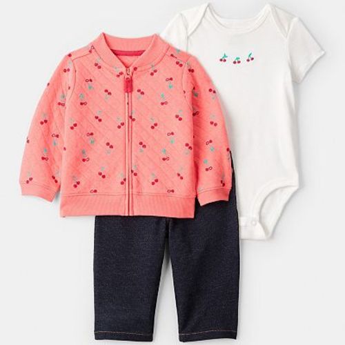 Baby Girl Carter's 3-pc. Cherry Quilted Cardigan, Bodysuit & Pant Set