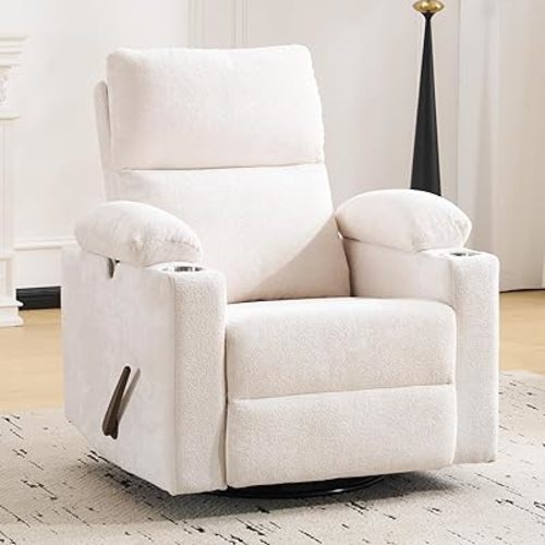 Swivel Rocker Recliner with Adjustable Armrests, Rocking Nursery Chair with Adjustable Headrest, Cup Holder, Manual Recliner Nursing Chair for Breastfeeding, Chenille White