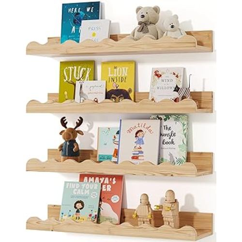Kids' Bookshelf Set of 4 - Wood Floating Nursery Book Shelves, Picture Ledge Shelf for Wall Decor and Storage - Perfect for Books, Toys, Photo Frames, and Nursery Décor