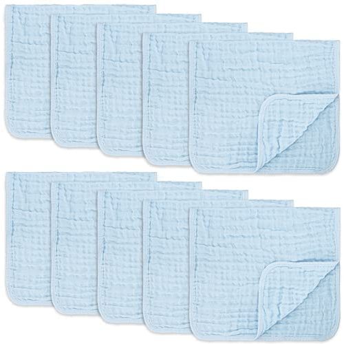 Muslin Burp Cloths 10 Pack Large 100% Cotton Hand Washcloths 6 Layers Extra Absorbent and Soft (Blue, Pack of 10)
