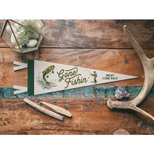 Gone Fishin&#39; Felt Pennant | Vintage Sports Banner, Funny Fishing Gift Decor, Outdoorsman Wall Art Print.