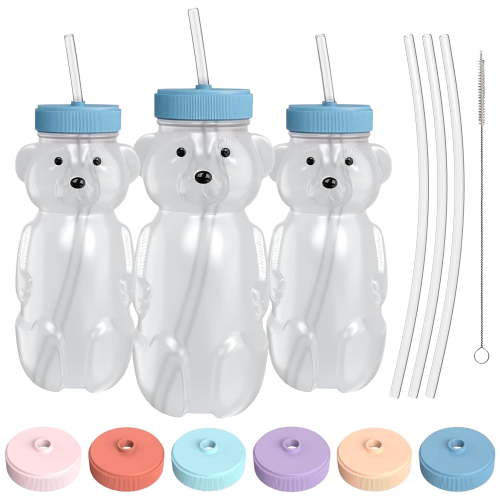 The 730 Project Honey Bear Straw Cup for Toddlers, Baby Bottle Therapy Set - 8oz, Blue, 3-Pack