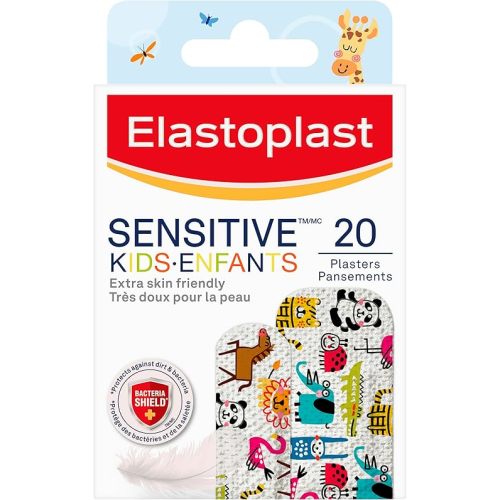 ELASTOPLAST Sensitive Kids Bandages for Wound Care and First Aid Kit, Extra Skin-Friendly Hypoallergenic Bandages, Bacteria Shield, Painless Removal, Latex Free, First Aid Supplies, 2 Sizes, 20 Strips