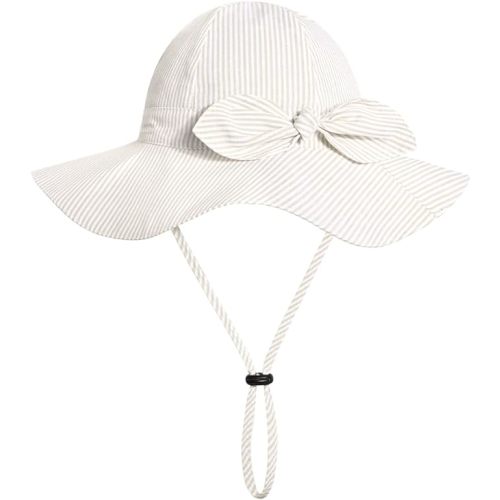 Baby Girl Sun Hat with UPF 50+ Outdoor Adjustable Beach Hat with Wide Brim Bucket Hats - 0-6 Months - Beige-stripe 1pcs
