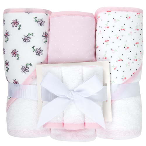 Jessica Simpson Baby 6-Piece Hooded Towel & Washcloth Set – Soft Polyester Bath Towels – Pink Stars & Hearts Design