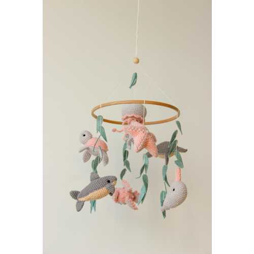 Ocean baby mobile. Nautical baby mobile. Ocean baby mobile with Narwhal, Jellyfish, Turtle, Stingray fish, Shark, Starfish and Puffer fish