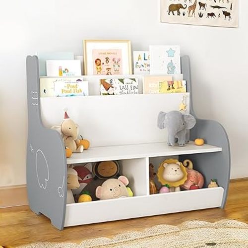 Curipeer 3-in-1 Kids Bookshelf and Toy Storage Organizer with Bench, Toddler Bookshelf and Bookcase with Reading Nook and 2 Storage Cabinets, Kids Book Shelf for Nursery, Playroom, Grey Elephant