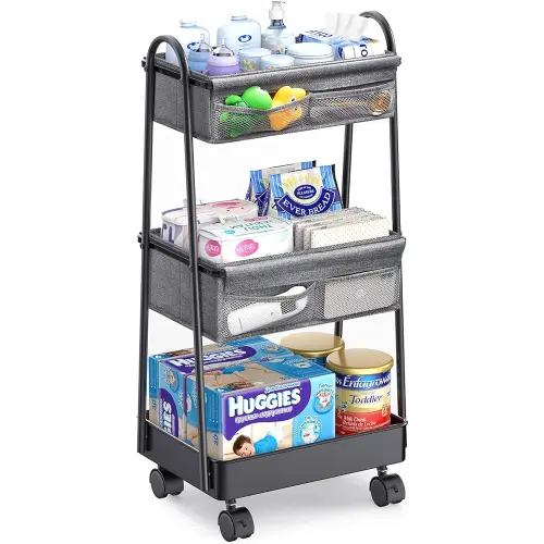 Baby Diaper Caddy Cart Organizer - Nursery Must Have 3-Tier Cart Baby Essentials, Sturdy Durable, Easy to Assemble, Used for Baby Stuff Storage, Matching Changing Table & Crib