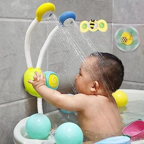 Yookidoo Baby Bath Shower Head - Water Pump with Trunk Spout Rinser - Control Water Flow from 2 Elephant Trunk Knobs for Maximum Fun in Tub or Sink for Newborn Babies(Yellow)