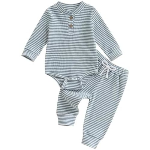 Newborn Baby Boy Girl Clothes Striped Waffle Knit Long Sleeve Romper Long Pants Set Infant 2Pcs Fall Winter Outfit