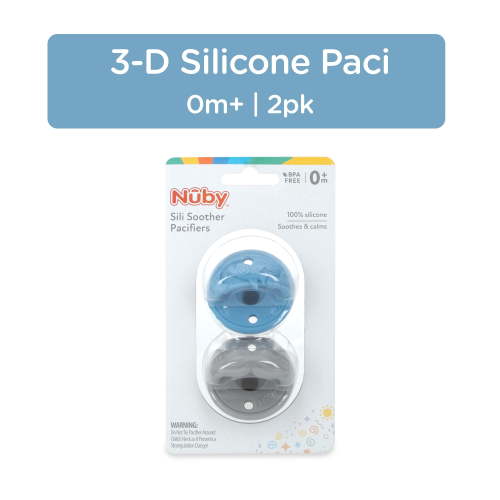Nuby 3-D Sili Soother Baby Pacifier, Rocket and Mustache, 2 Pack
