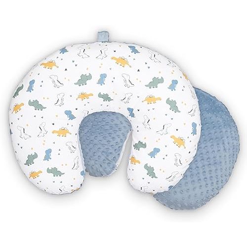 Double-Sided Baby Nursing Pillow Cover Set - 2 Pack - Soft Unisex Breastfeeding Dinosaur Pillow Cover for Girl & Boy with Hanging Loop - Multipurpose Washable Slipcover Case with Waterproof Liner