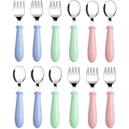 Pimoys 12 Pieces Toddler Utensils Kids Silverware Set Baby Forks and Spoons, Stainless Steel Childrens Safe Cutlery with Round Handle for Self Feeding, Dishwasher Safe