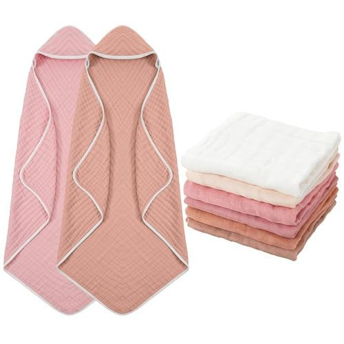 Peryiter 8 Pack Muslin Hooded Baby Bath Towels and Wash Cloth Set Soft Cotton Gauze Baby Hooded Bath Towel Baby Wipes Absorbent Bath Face Towels Burp Cloths Face Towels for Girl Boy (Colorful Series)