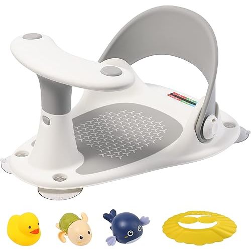 Baby Bath Seat LDIIDII Baby Bathtub Seat Infant Bath Seat for Babies 6 Months&Up Sit Up Bathing in Tub,Toddler Bath Seat with Water Thermometer/4 Strong Suction Cup/3 Bath Toys/Shower Cap (Grey)