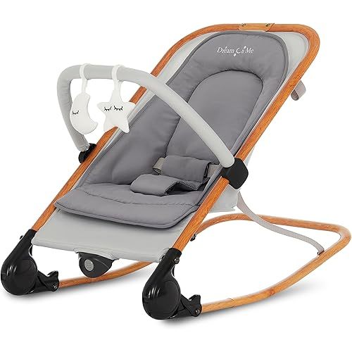 Dream On Me Rock On Me 2-in-1 Baby Rocker and Stationary Seat, Adjustable Recline, Gentle Music & Vibration, 3-Point Safety Harness, Detachable Toy Bar, Folds Compact for Travel – Grey
