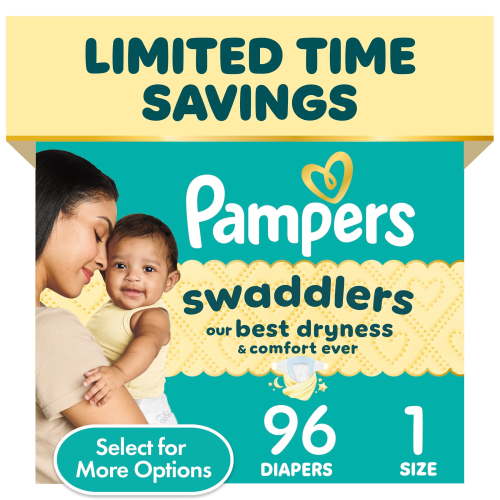 Pampers Swaddlers Baby Diapers Size 1, 96 Count, Ultimate Leak Protection, Skin Comfort